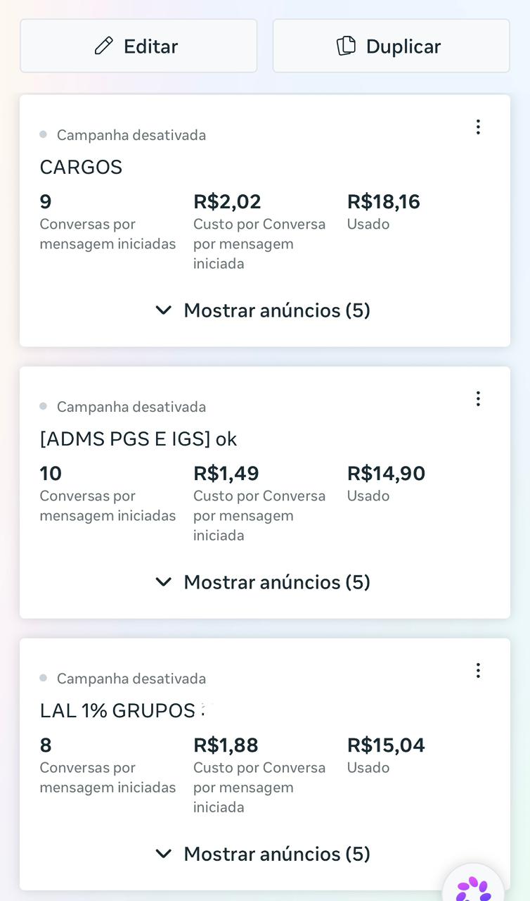 Gerenciador de anúncios: conversas iniciadas a partir de R$1,49